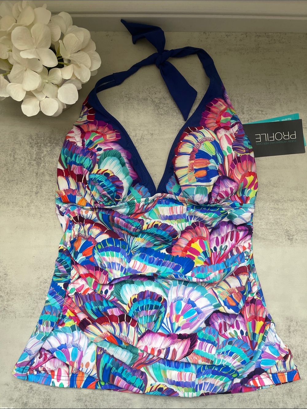 Profile by Gottex Madame Butterfly Shirred Colorful Halter Tankini Top
